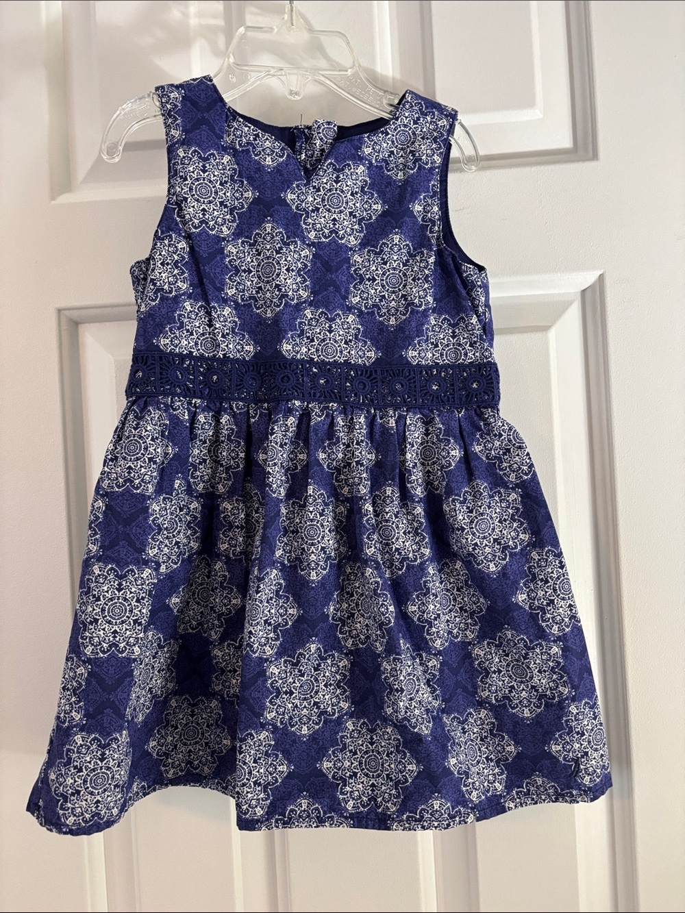 Nautica Navy and White Sleeveless Lace-Waist Patterned Dress